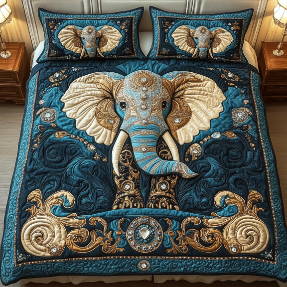 Royal Elephant Dreams Quilted Bedding Set , 3-Piece Bedding Set