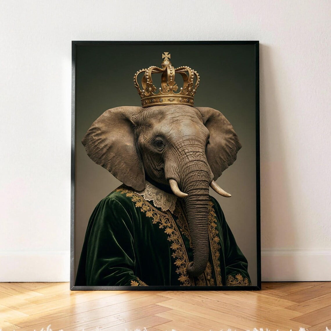 Royal Elephant Portrait Wall Art Print, Green Renaissance Animal Decor ...
