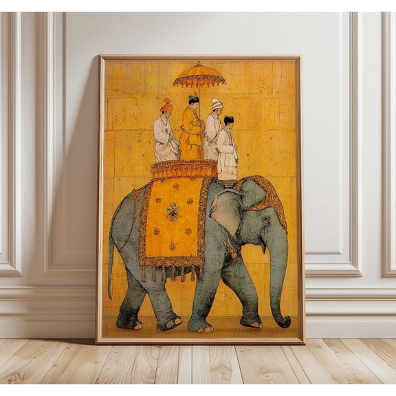 Royal Elephant Procession Print, Vintage Indian Heritage Poster, Hand-Painted Folk Art of Decorated Elephant on Golden Background