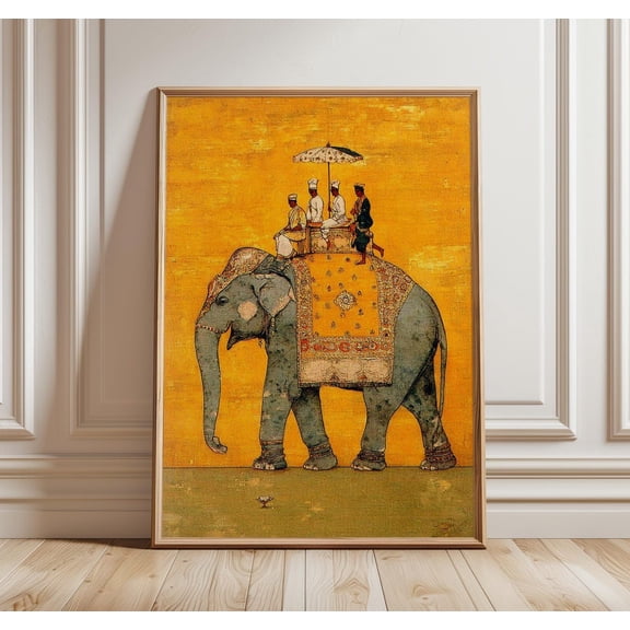 Royal Elephant Procession Vintage Indian Heritage Hand-Painted Folk Art Unframed Paper Print