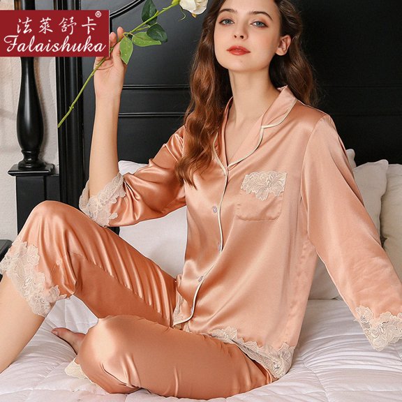 Royal Exclusive Heavy duty Silk Pajamas for Women in Spring, Summer, and Autumn, Silkworm Silk Long Sleeve Lace Home Clothes Set, Can be worn externally
