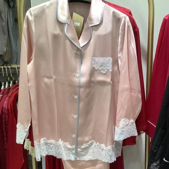 Royal Exclusive Heavy duty Silk Pajamas for Women in Spring, Summer, and Autumn, Silkworm Silk Long Sleeve Lace Home Clothes Set, Can be worn externally