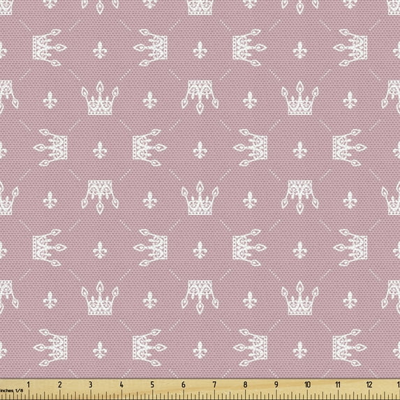 Ambesonne Royal Fabric by the Yard Upholstery, Retro Crowns and Fleur De Lis, 3 Yards, Dried Rose and White