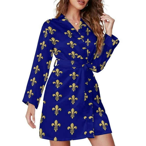 Royal Fleur De Lys Blue Night Robe Long Sleeve V Neck Robe With Belt Women's Sleepwear Dresses