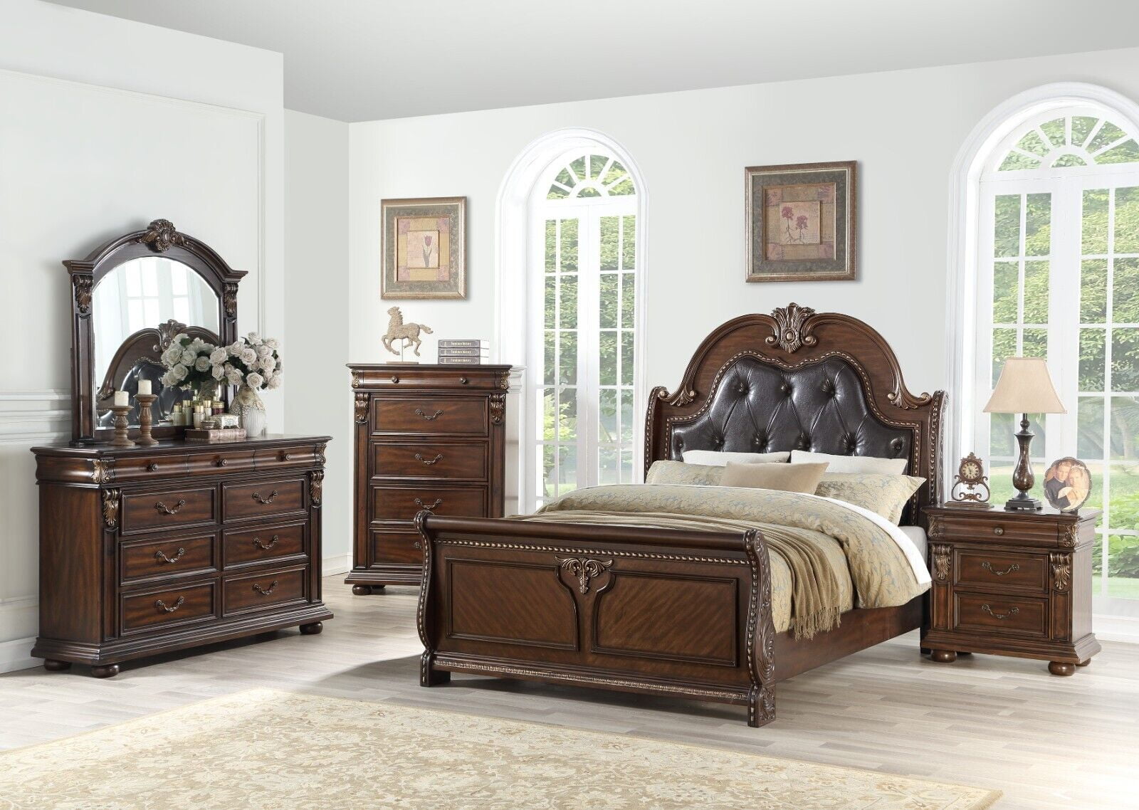 Royal Formal Classic 4pc Queen Size Bed Set Brown / Cherry Veneer ...