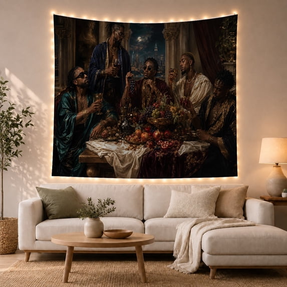 Royal Gathering at a Fruit Table Beneath the Moon, Dramatic Gothic for Dark Art Lovers, Ornate Banquet Decor, Housewarming Gift, Tapestry Wall Hanging for Living Room and Den