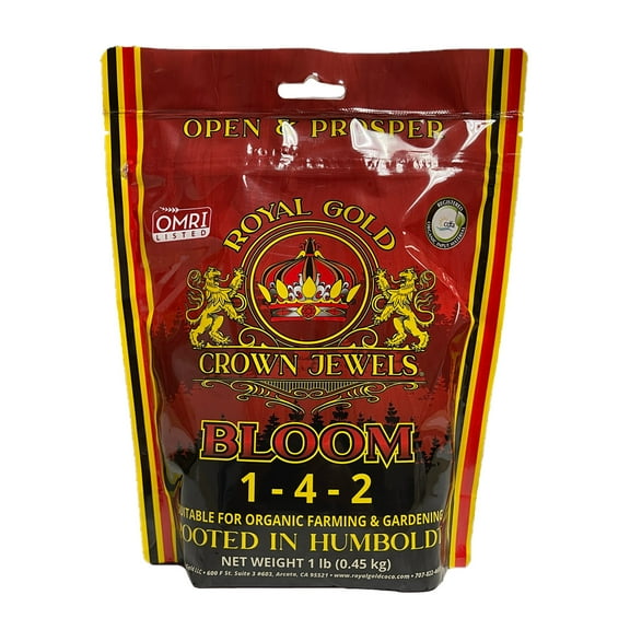 Royal Gold Crown Jewels Organic Bloom 1-4-2 Dry Soluble Fertilizer, 1 lb - for Feeding Flowering Crops to Produce Vigorous Blossoms and Optimal Plant Development