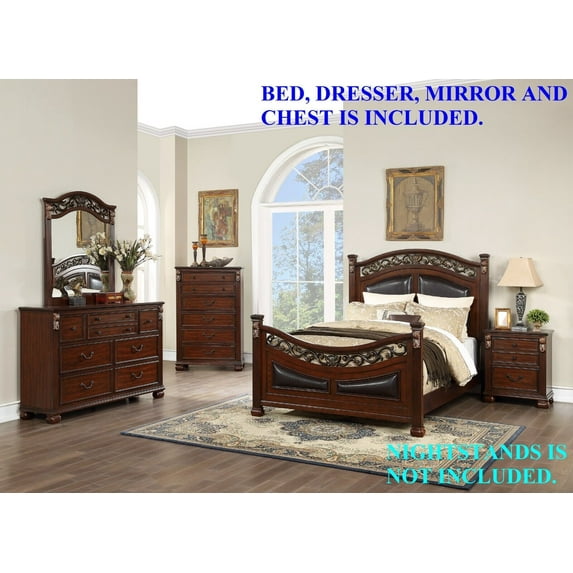 Royal Gorgeous Traditional Est King Size Bed Dresser Mirror Chest Wooden Brown Finish 4p Set Bedroom Furniture