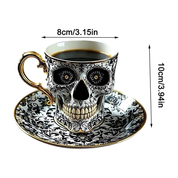 Royal Gothic Skull Coffee Mug and Saucer Set, Ornate Ceramic Tea Cup with Intricate Bone Design, Unique Home Decor and Themed Gift for Halloween and Collectors