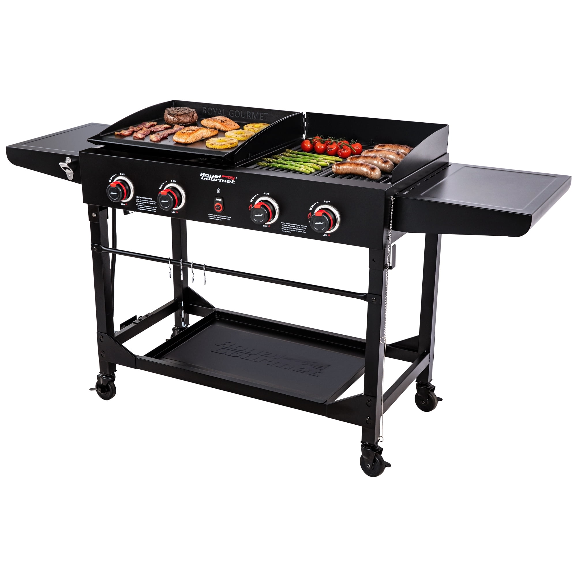Royal Gourmet 4-Burner GD402 Portable Flat Top Gas Grill and Griddle Combo with Folding Legs, 48,000 BTU, Black