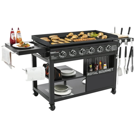 Royal Gourmet 44" 6-Burner Flat Top Gas Grill Griddle, Griddle with Foldable Side Shelves, Front Spice Rack, Double-Layer Bottom Shelves, GB6000