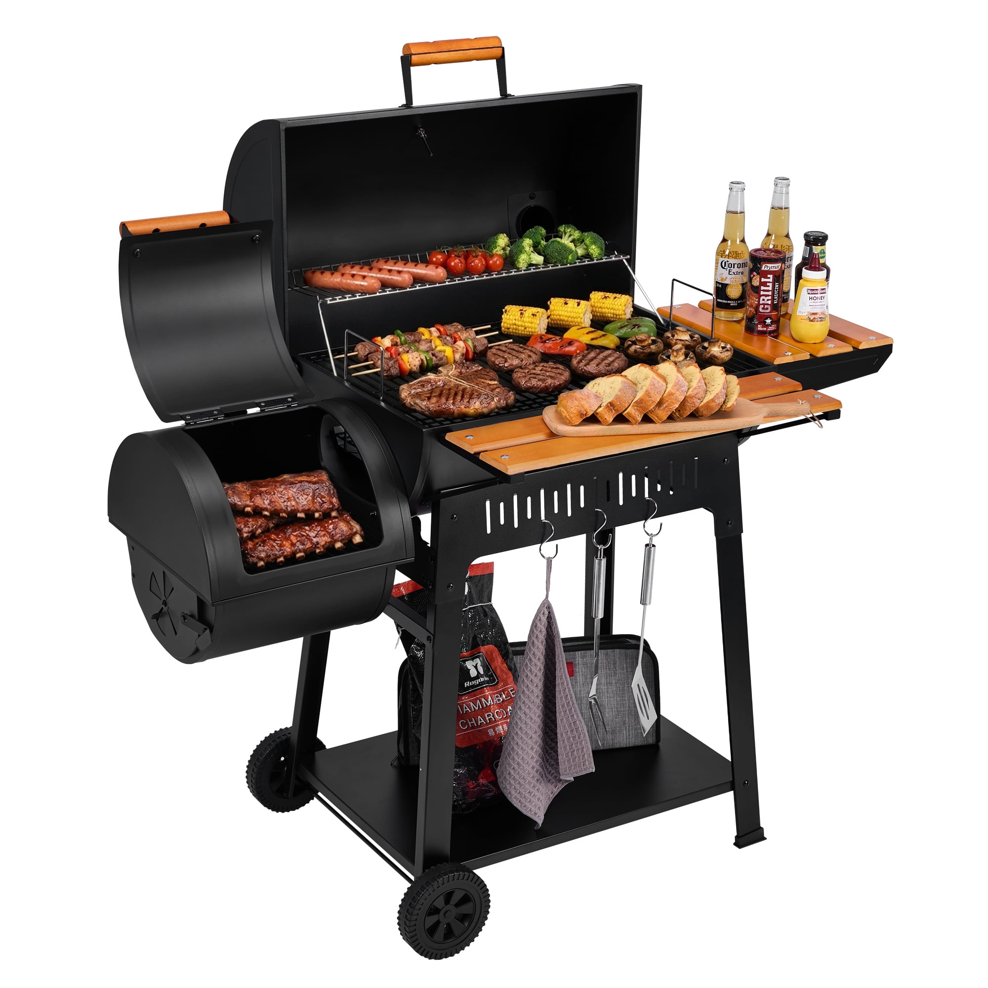 Royal Gourmet Barrel Charcoal Grill with Offset Smoker for Backyard Cooking, Black
