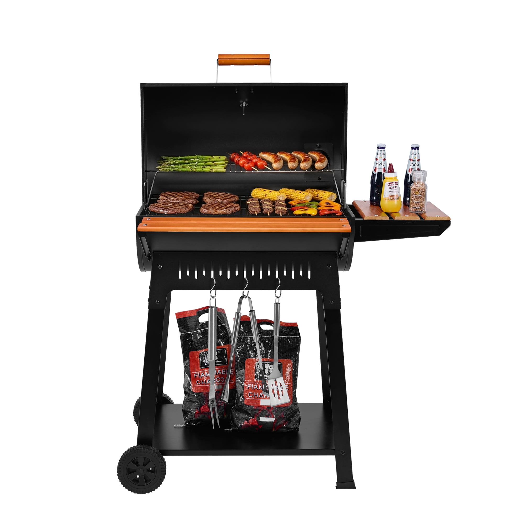 Royal Gourmet Barrel Charcoal Grill with Offset Smoker for Backyard Cooking, Black