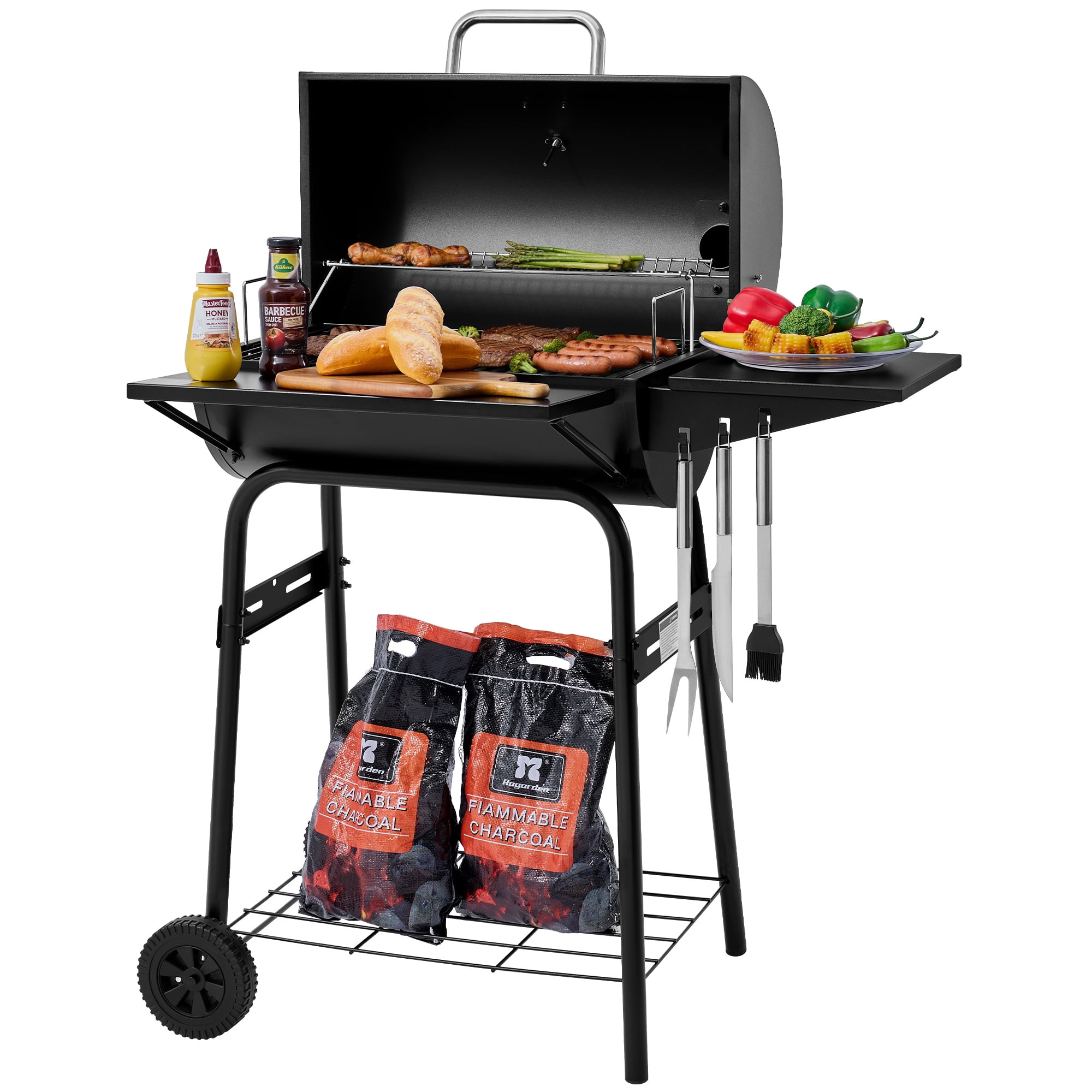 Royal Gourmet CC1624 Barrel Charcoal Grill, with Side & Front Shelves, 426 sq. in.for Outdoor Backyard, Black