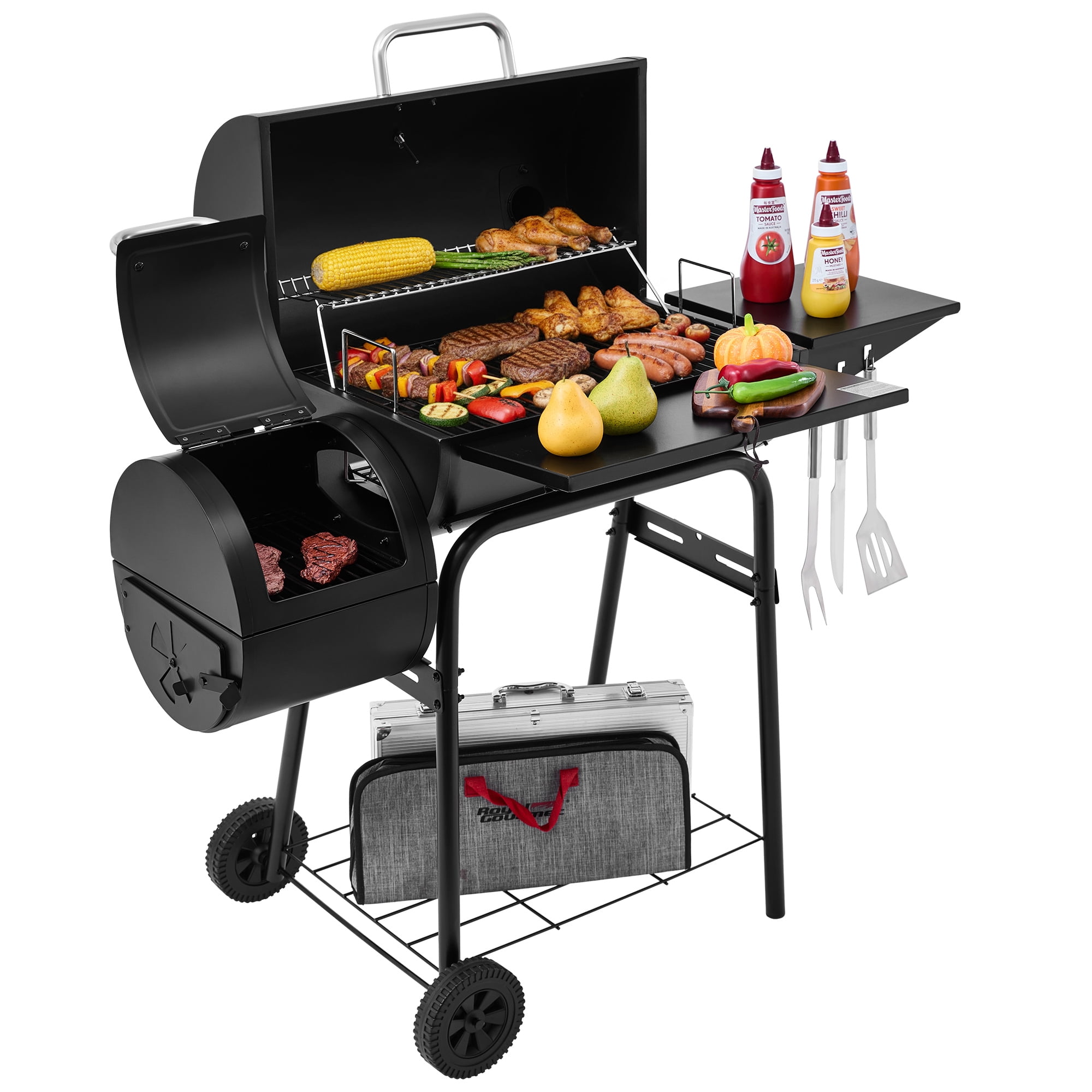 Royal Gourmet CC1624S Barrel Charcoal Grill with Offset Smoker,552 Sq. In. Cooking Area, for Outdoor Grilling and Backyard Cooking, Black