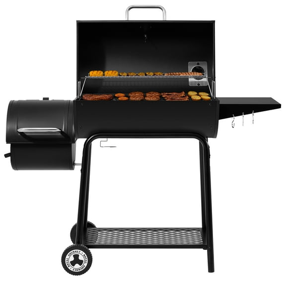 Royal Gourmet CC1830M 30-Inch Barrel Charcoal Grill with Offset Smoker, Sturdy Side Shelf with Hooks, for Outdoor Backyard, Patio and Parties, Black