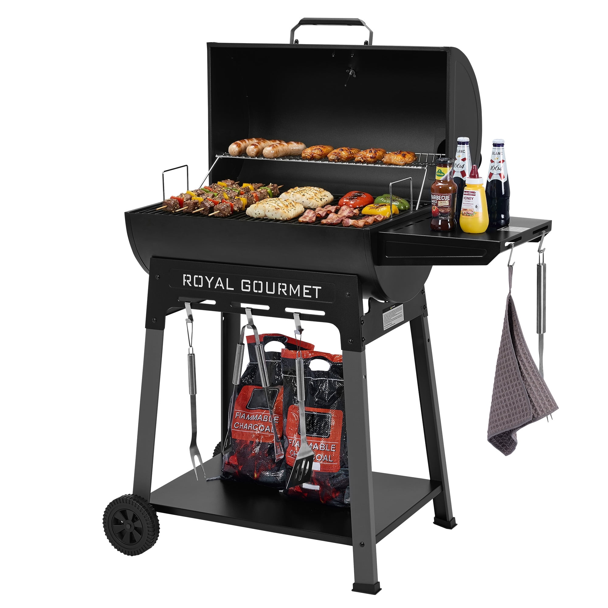 Royal Gourmet CC1831 Barrel Charcoal Grill with Side Shelf for Backyard, Patio Parties and Picnics, Black
