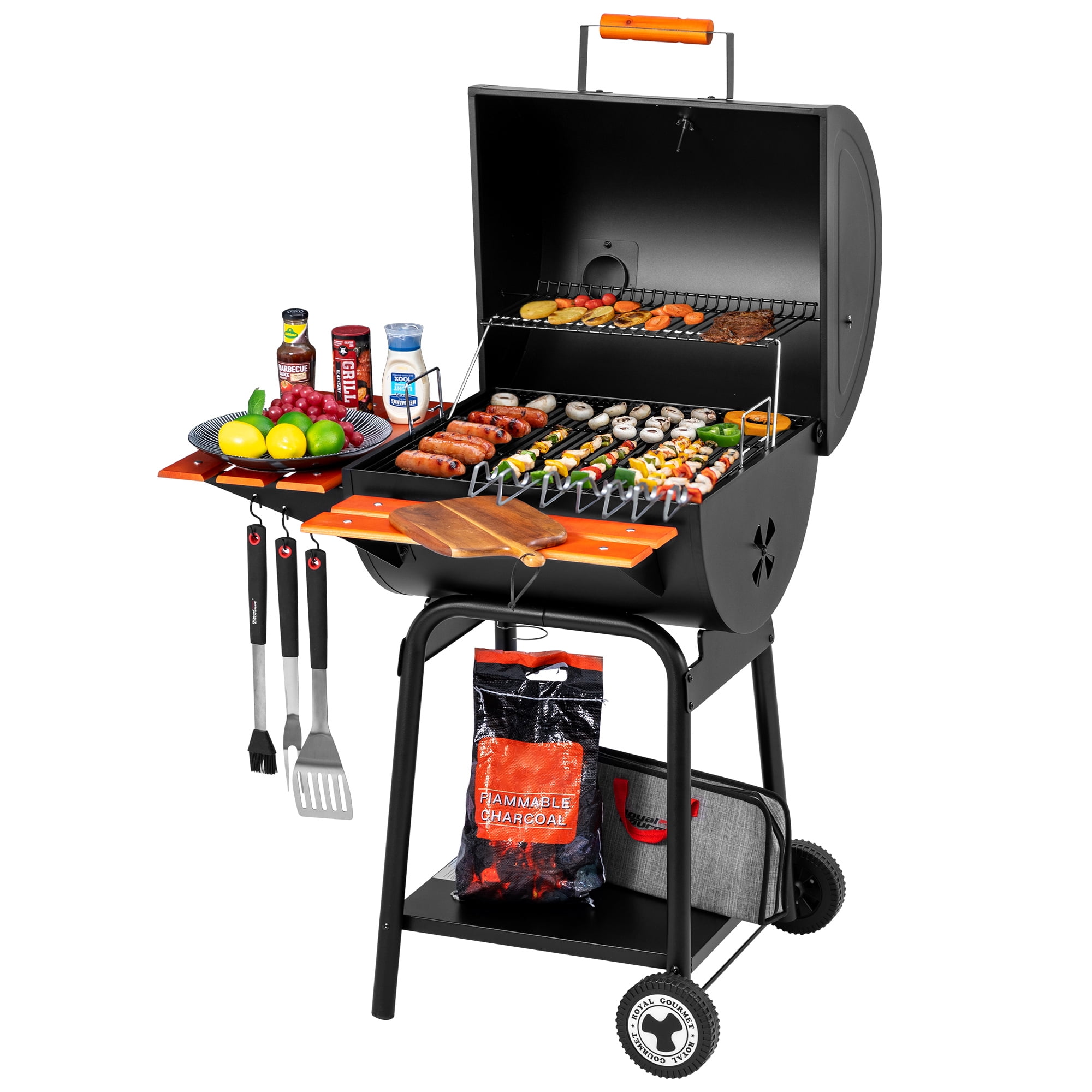Royal Gourmet CC2024 24-inch Charcoal BBQ Grill with Wooden Front Shelf & Side Shelf