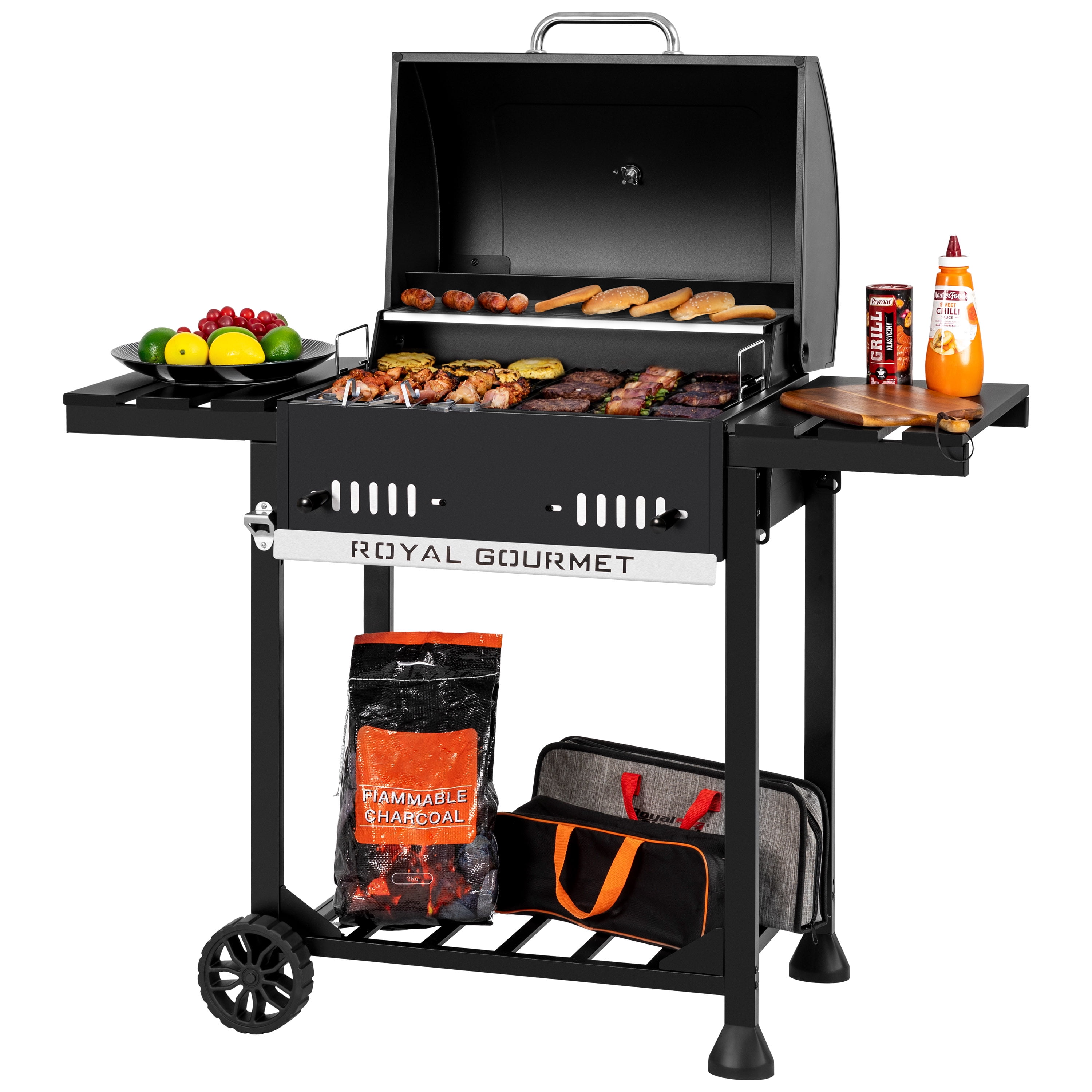 Royal Gourmet Black Stainless Steel Movable Charcoal BBQ Grill with Foldable Side Shelves
