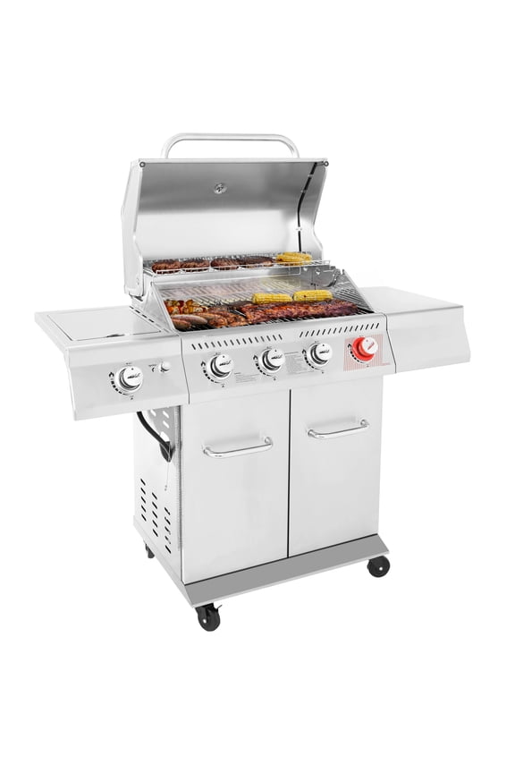 GA4402S Stainless Steel 4-Burner BBQ Cabinet Style Gas Grill with Sear Burner and Side Burner Silver