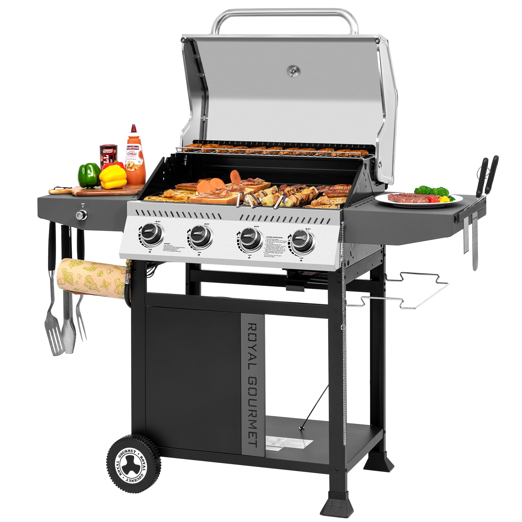 Royal Gourmet GA4405TS Premium 4-Burner Gas Grill with Side Shelves, 40,000 BTU Propane Grill with Stainless Steel Lid