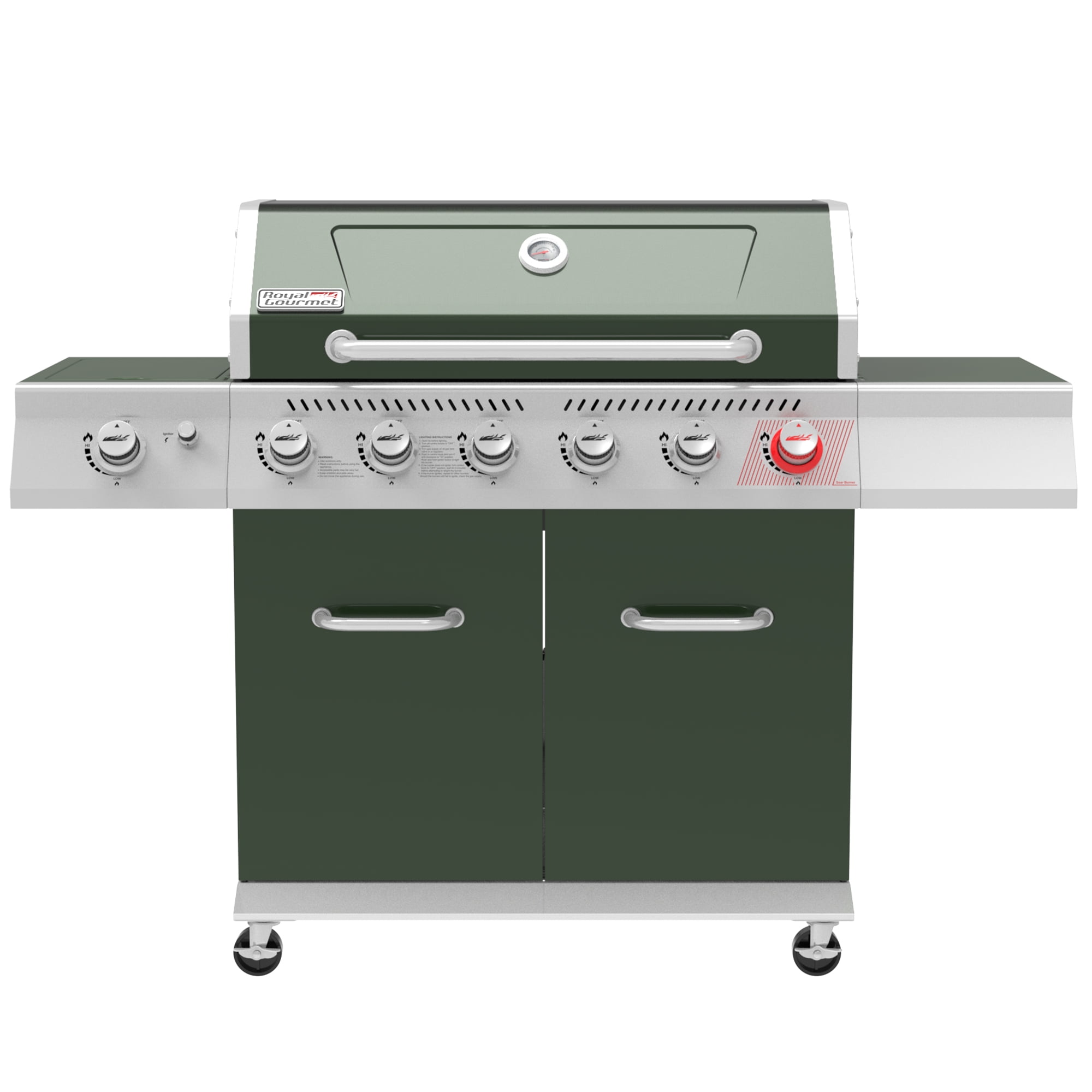 Olive Green Stainless Steel 6-Burner Propane Gas Grill with Side Burner