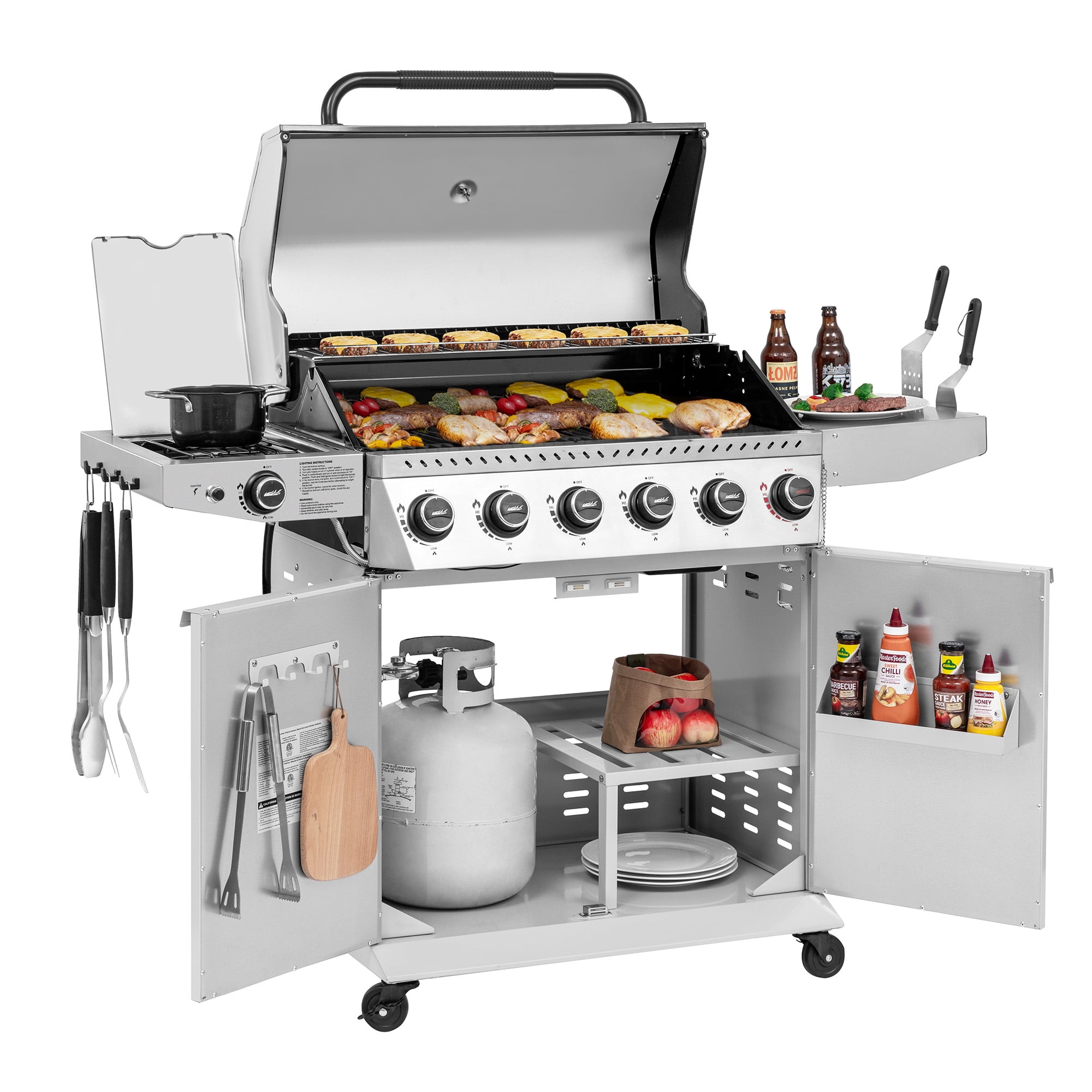 Royal Gourmet GA6406W 6-Burner BBQ Gas Grill, with Sear Burner and Side Burner, Cabinet Style Grill, 74,000 BTU, White