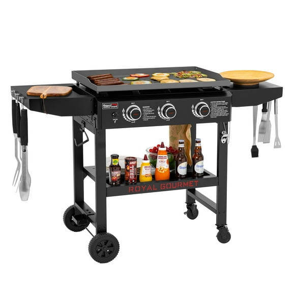 Royal Gourmet GB3000H 28-Inch 3-Burner Gas Griddle in Black, Griddle with Collapsible Side Shelves, 39,000 BTU