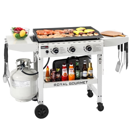 Royal Gourmet GB3000W 28-Inch 3-Burner Propane Gas Griddle in White, Griddle with Collapsible Side Shelves