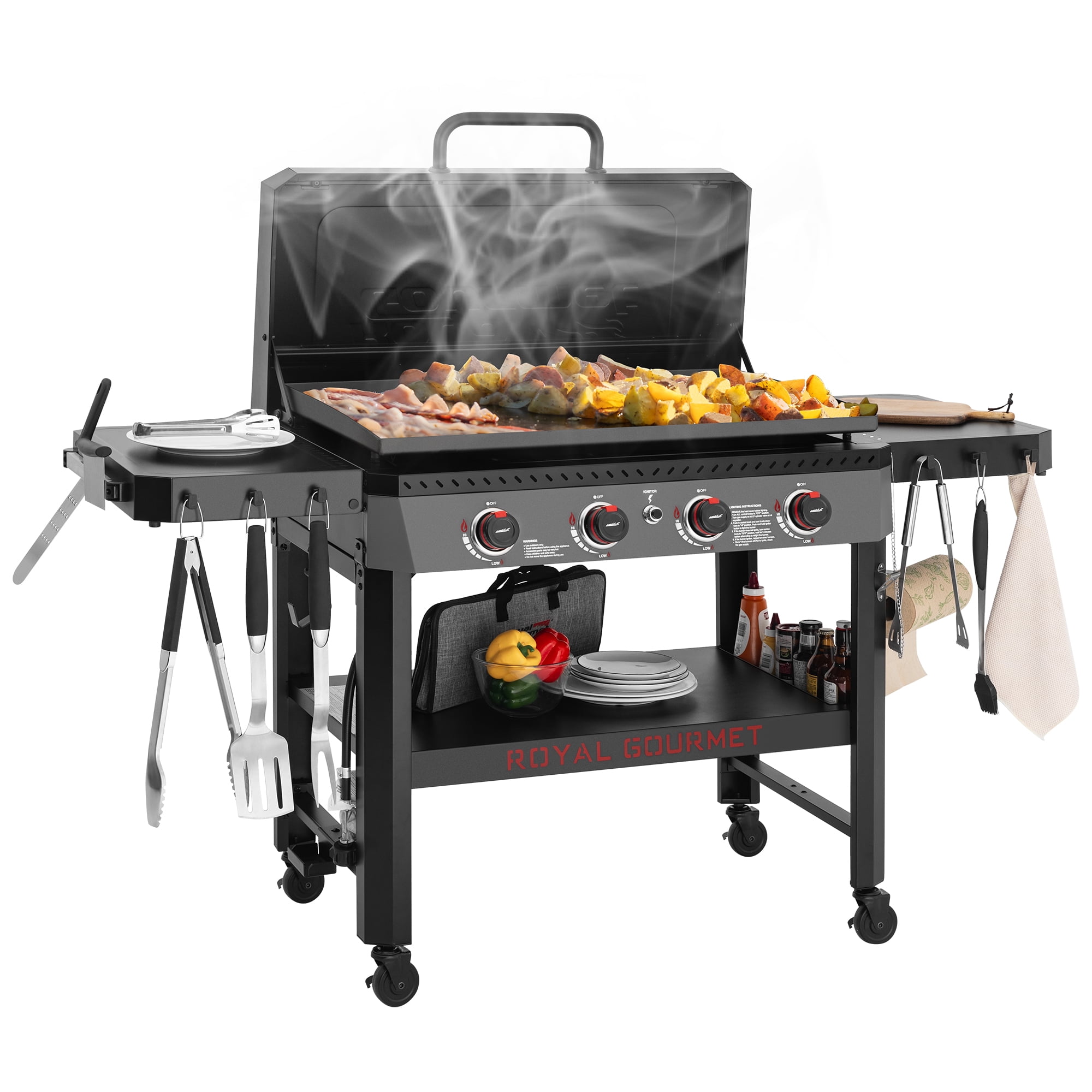 Royal Gourmet GB4005P 34-Inch 4-Burner Gas Griddle with Hood, Griddle with Collapsible Side Shelves and Storage Basket,Black