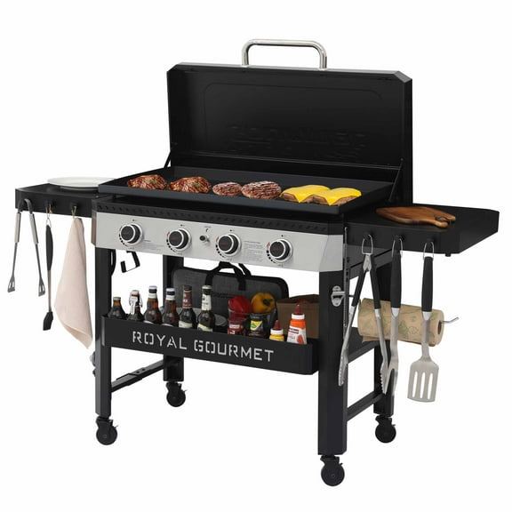 Royal Gourmet GB4007P 34-Inch 4-Burner Propane Gas Griddle with Hood, Griddle with Collapsible Side Shelves and Front Basket