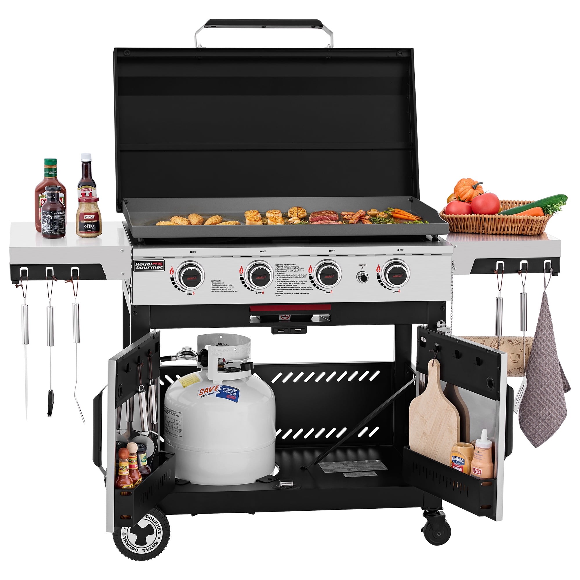 Royal Gourmet GB4008A 4-Burner Gas Griddle with Folding Stainless Steel Side Shelves, Silver & Black