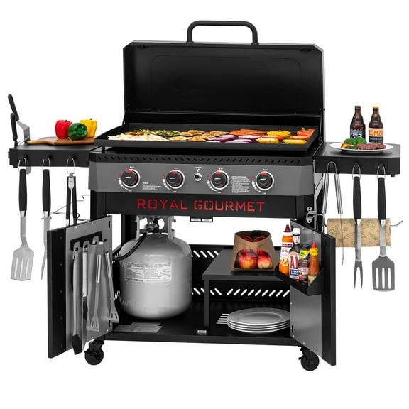 Royal Gourmet GB4008D Premium 4-Burner Gas Griddle with Hood, 34-inch Griddle with Cabinet and Collapsible Side Shelves, 52,000 BTU and 733 Sq. In. Cooking Area, Perfect for Outdoor Cooking, Black