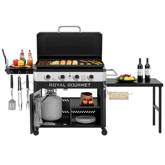 Royal Gourmet GB4008T Premium 4-Burner Gas Griddle with Foldable Pull-Out Side Table, 34-inch Griddle with Hood, Cabinet and Side Shelf