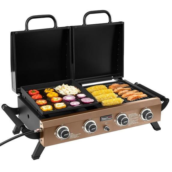 Royal Gourmet GD4002TPY Portable Tabletop Grill & Griddle Combo with Hood for Backyard, Camping, Picnicking and Tailgating, 40,000 BTU, Bronze Gold