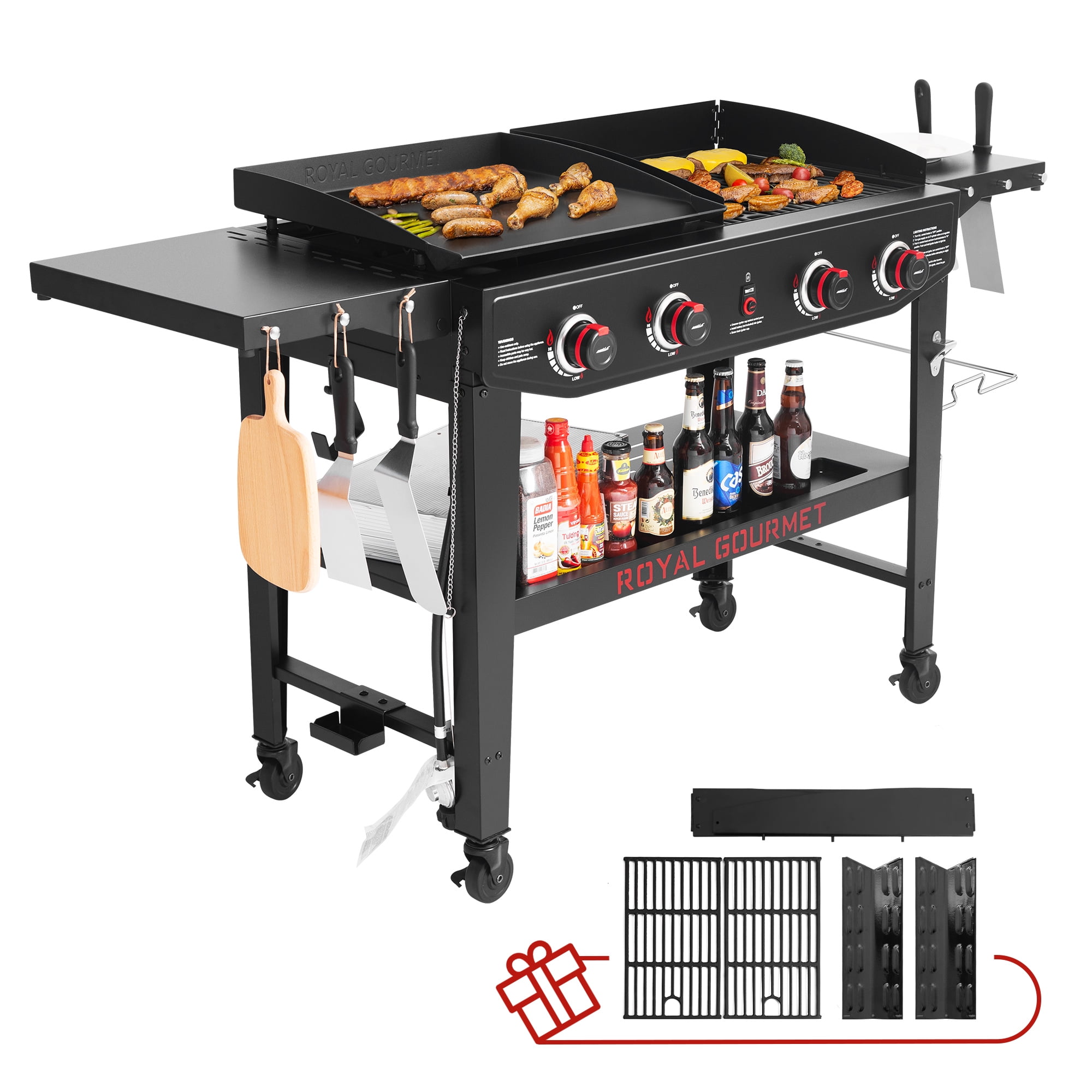 Royal Gourmet GD405A Propane Gas Grill and Griddle Combo, 4-Burner Event Combo Grill with An Extra Set of Grilling Gear (Grate x 2; Flame Tamer x 2; Wind Deflector x 1)