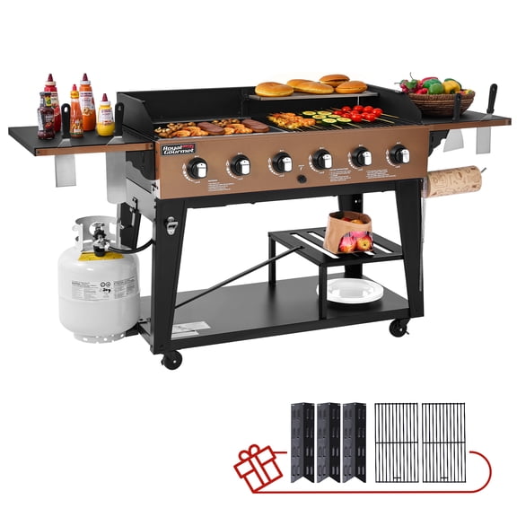 Royal Gourmet GD601Y 6-Burner Gas Grill and Griddle Combo, 2-in-1 Large Cooking Capacity Propane Grill & Griddle for Back Yard, Garden, Family Party, BBQ, Yellow
