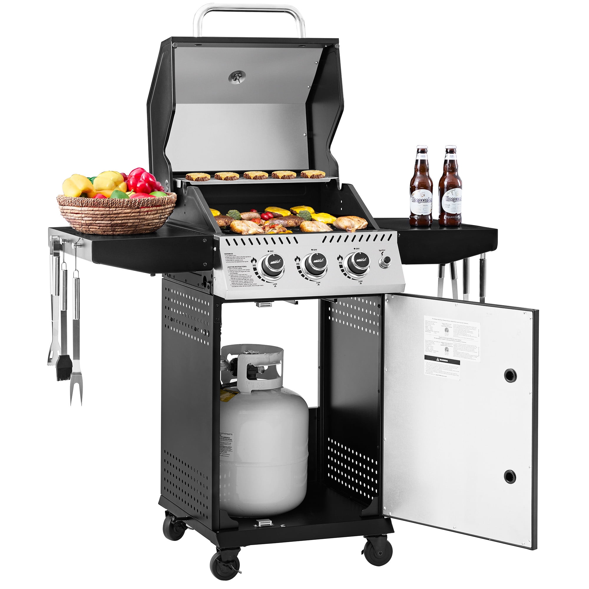 Royal Gourmet GG3001H 3-Burner BBQ Gas Grill,Cabinet Style Gas Grill with Side Shelves and Hooks,for Outdoor, Patio, Backyard and Balcony, Black