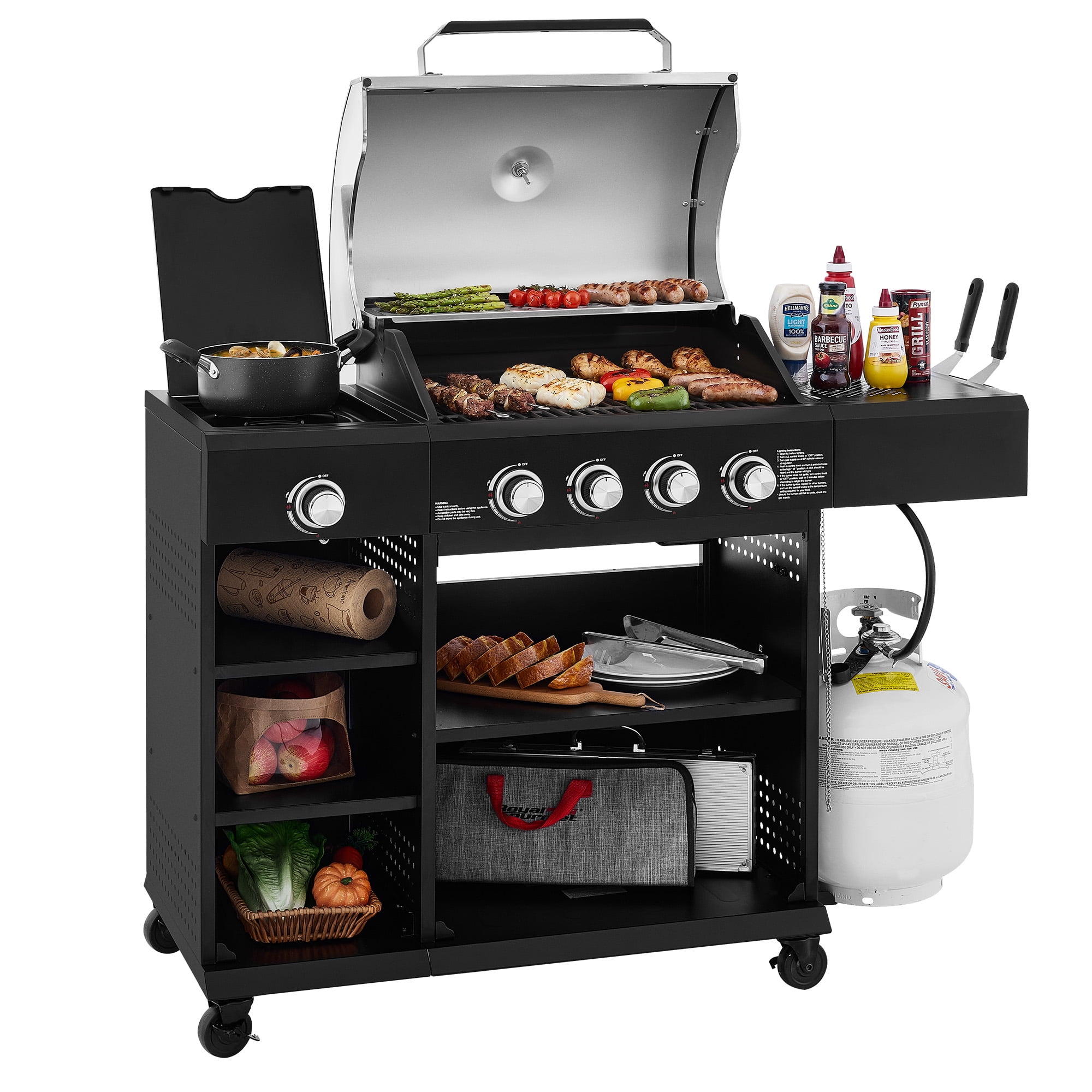 Royal Gourmet OK4003T 4-Burner Gas Grill with Side Burner for Backyard Cooking, Silver & Black