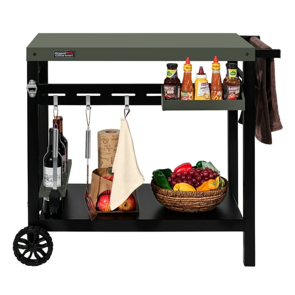 Royal Gourmet PC3406G Double-Tier Dining Cart,Indoor/Outdoor Grill Cart Table with Bottle Opener, Front Basket, Spice Rack,Olive-Green