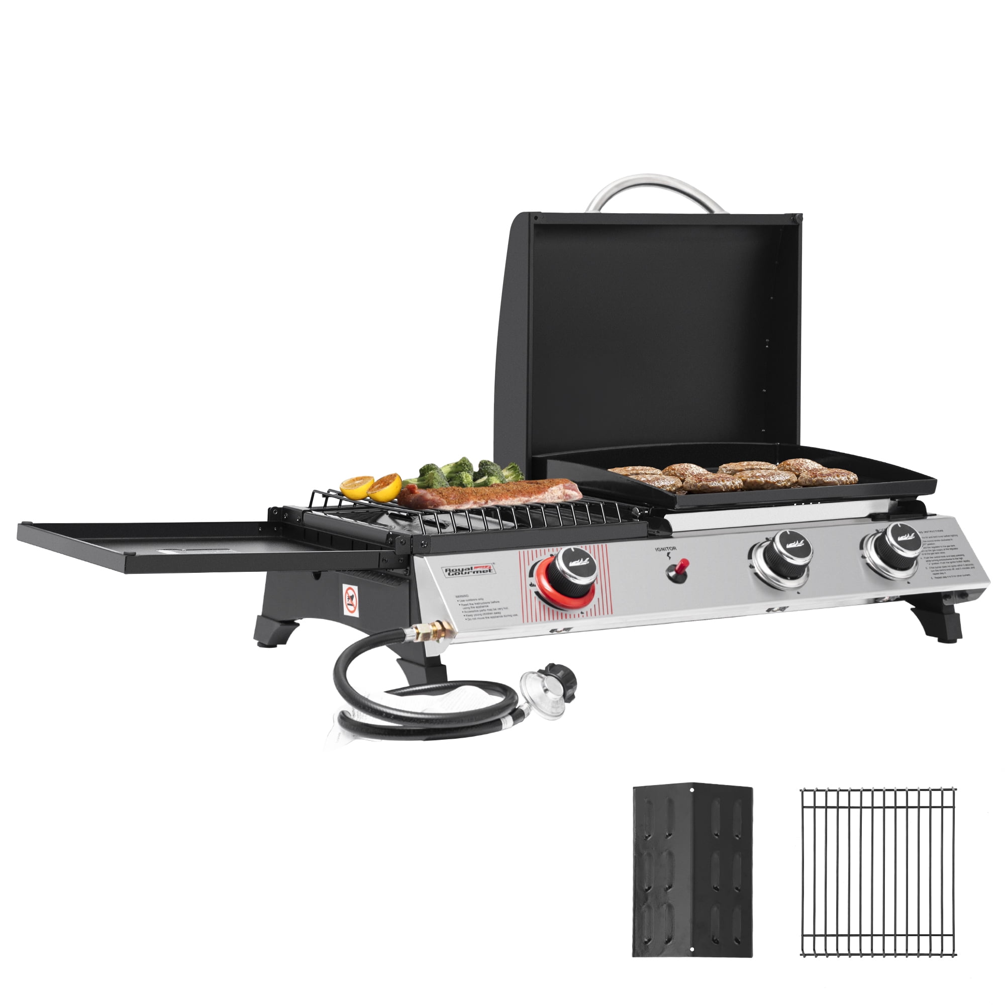 Silver and Black 3-Burner Portable Gas Griddle with Side Burner