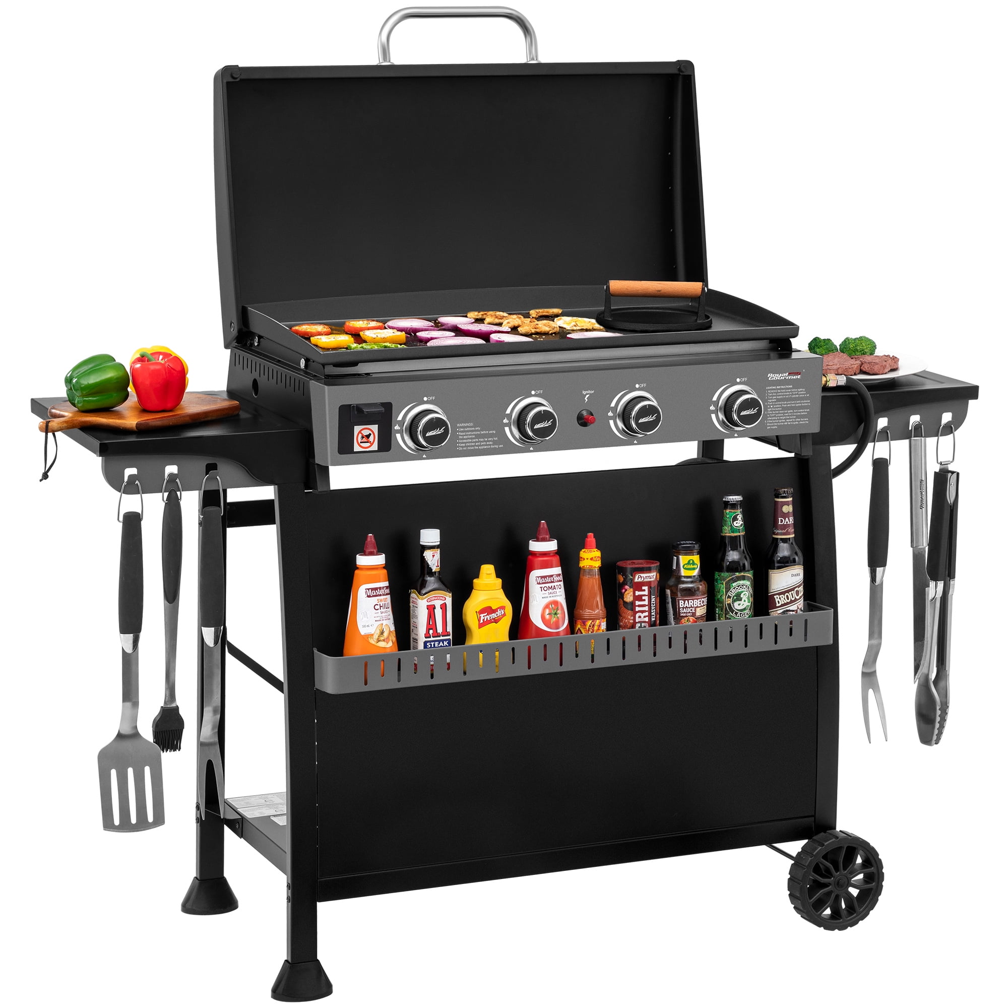 Royal Gourmet PD4001 30-Inch 4-Burner Gas Griddle with Hood, Tabletop Gas Griddle with Removable Standing Cart, Free-Standing Cart with Side Shelves and Hooks