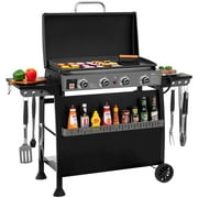 Royal Gourmet PD4001 30-Inch 4-Burner Gas Griddle with Hood, Tabletop Gas Griddle with Removable Standing Cart, Free-Standing Cart with Side Shelves and Hooks