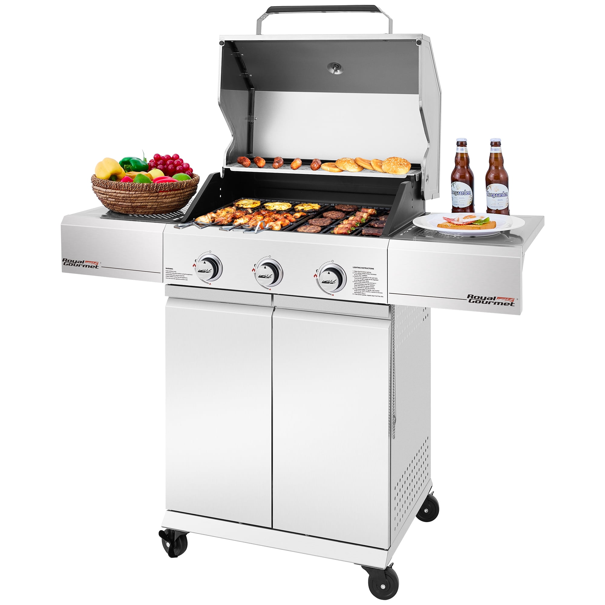 Royal Gourmet SG3002S Premium Stainless Steel 3-Burner Gas Grill, Cabinet Style Grill with Side Shelves, Silver