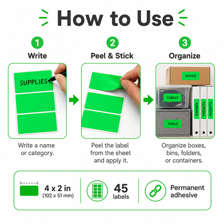 Royal Green Color Coding Labels for Organizing and Moving 4" x 2" Stickers to Write in Neon Green, 45 Pack