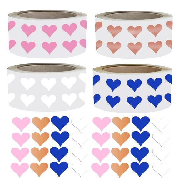 Royal Green Decorative Heart Sticker Rolls in 4 Assorted Colors Red, Pastel Pink, Blue and White Hearts for Stationery, Gift Packaging, and Party Favors - 5000 Pack