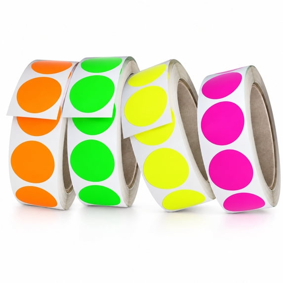 Royal Green Neon Labels Circle Stickers 1.25 inch ( 30mm ) 4 Rolls in Neon Green, Neon Pink, Neon Red and Neon Yellow - 4000 Pack