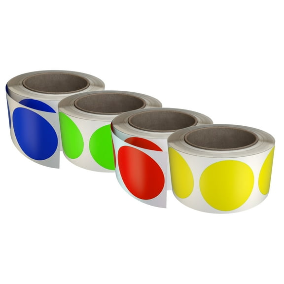 Royal Green Round Sticker Labels in 4 Colors Red, Blue, Yellow, and Neon Green 50mm (2 inches) 4 Rolls - 2400 Pack