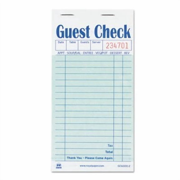 Royal Guest Check Book 1 Book of 50 Duplicate Sheets Each Sheet with White Paper in Back + Carbon Paper