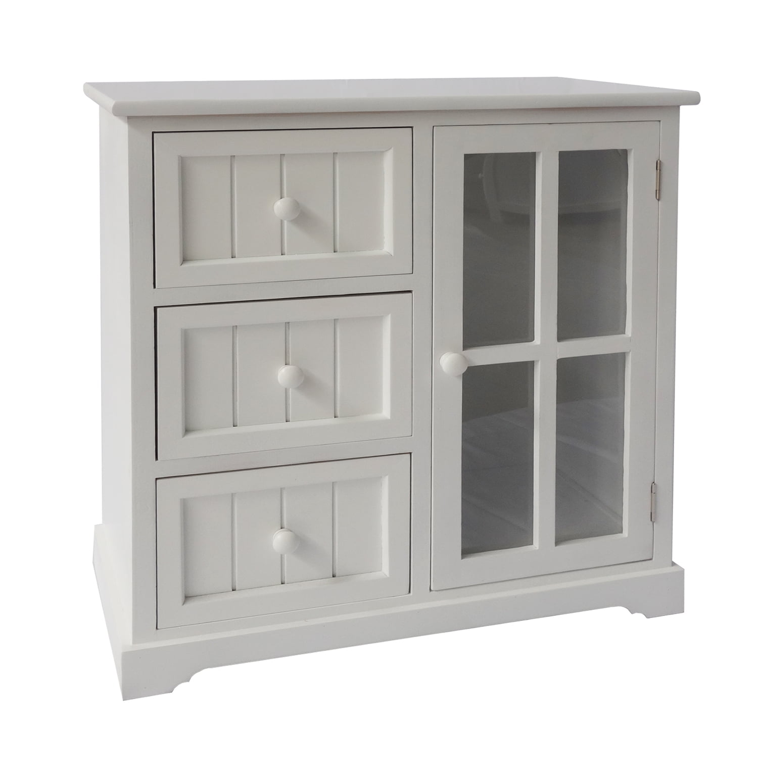 Royal Hampton 23.62 Inches 3 Drawer Wooden Storage Cabinet with Glass Door and Round Knobs, White